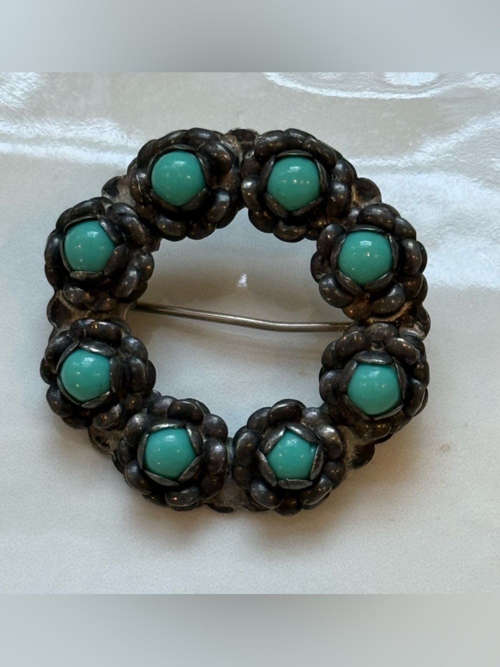 Vintage sterling silver Turquoise Floral Wreath Brooch